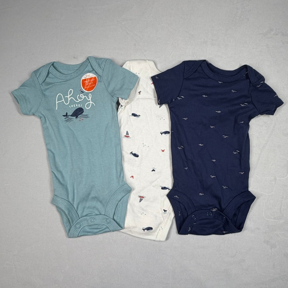 Carters Just One You Bodysuits Newborn 3 Pack Nautical Whale Blue White 0M